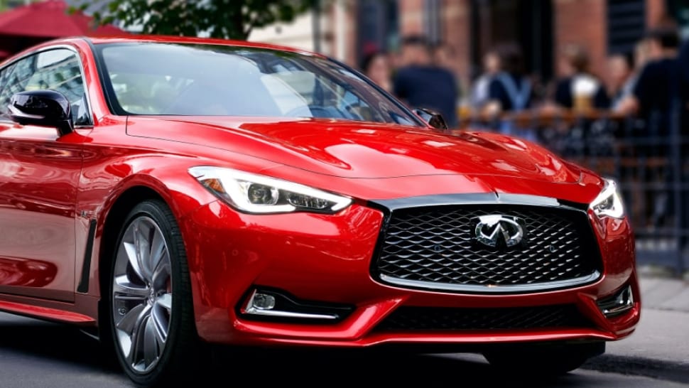Front view and grille of the 2022 INFINITI Q60 Red Sport I-Line sports coupe