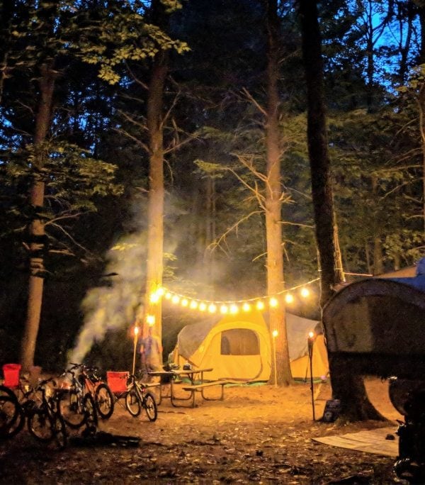 Brightly lit camp site.