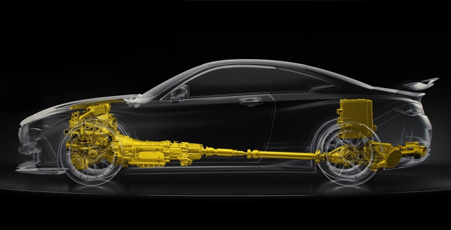A side view with a cutaway showing the powertrain inside the Q60 concept car
