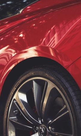 Mobile 428 x 926 wallpaper image of a red Q60 Sport Coupe's wheel.