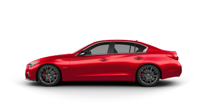 Side profile of a red 2020 INFINITI Q50