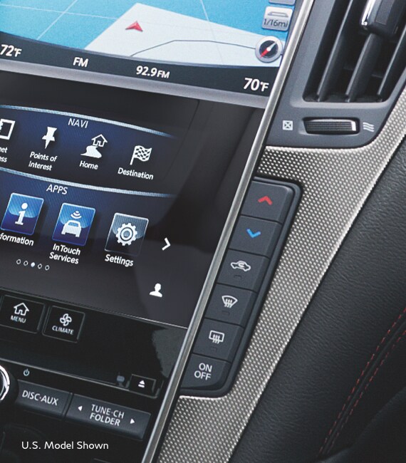 Interior close up of the 2023 INFINITI Q50's climate control buttons. U.S. model shown, Model may not be exactly as shown.