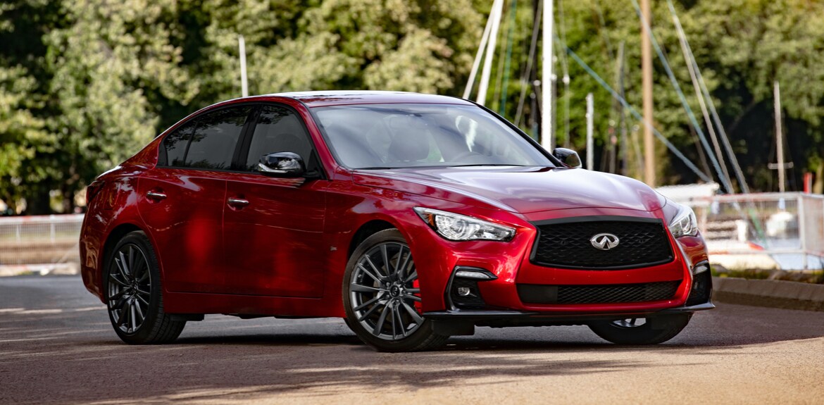Front and side profile of the 2023 INFINITI Q50 Red Sport I-LINE. U.S. model shown, Model may not be exactly as shown.