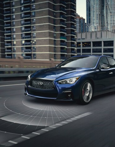 Front profile of 2023 INFINITI Q50 Luxury Sedan highlighting driver assistance feature