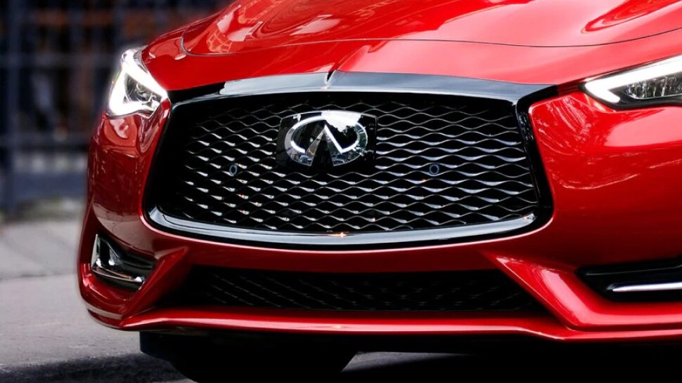A close up of the 2020 Infiniti Q60 I-Line's blacked out grille