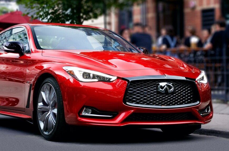Front view and grille of the 2022 INFINITI Q60 Red Sport I-Line sports coupe