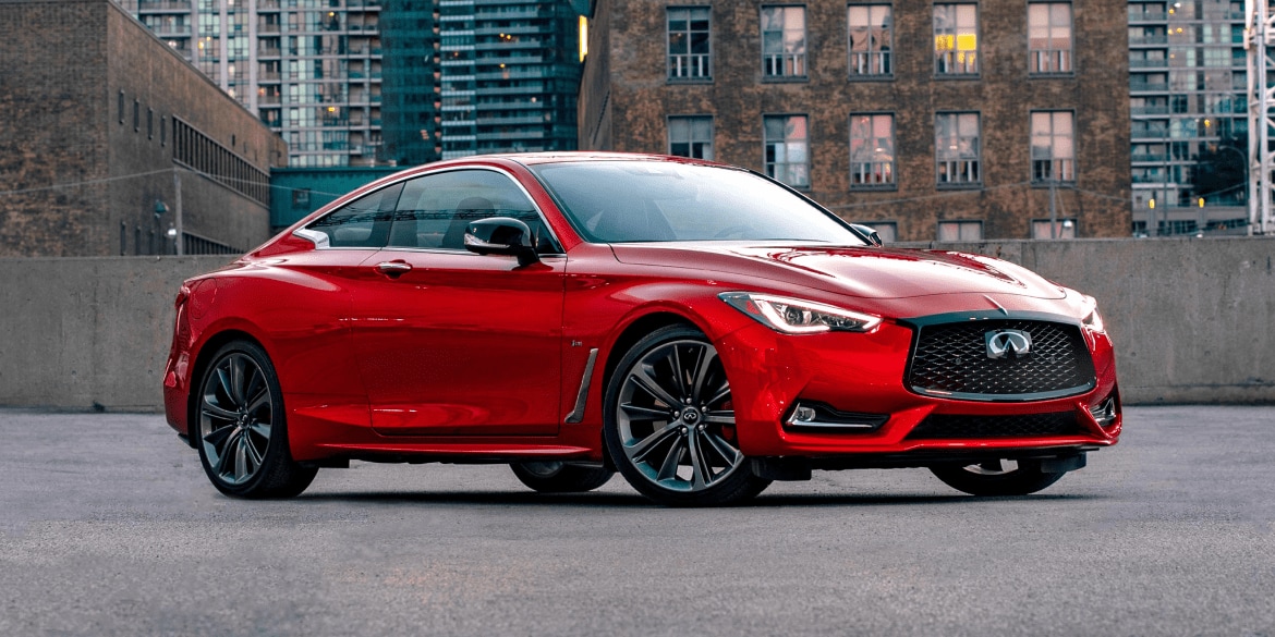 Front and side view of the 2022 INFINITI Q60 Red Sport I-Line