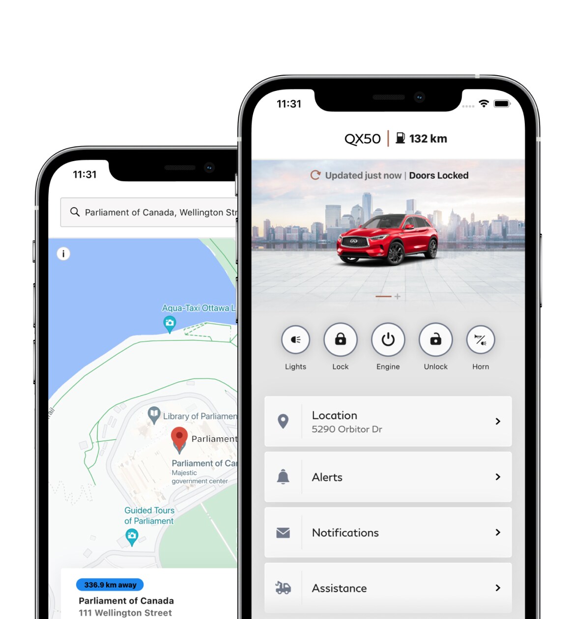 2023 INFINITI QX50 shown on the MYINFINITI App on iPhone and Android devices