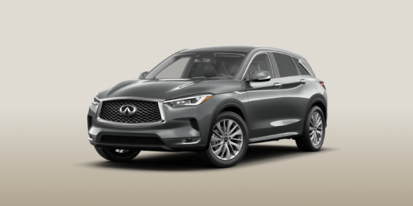 Side profile of a parked white 2023 INFINITI QX50 crossover