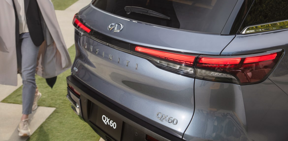 Rear exterior view of 2022 INFINITI QX60 highlighting Around View Monitor safety technology