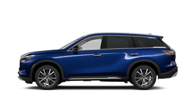 Side profile of a blue 2022 INFINITI QX60 PURE all-wheel drive