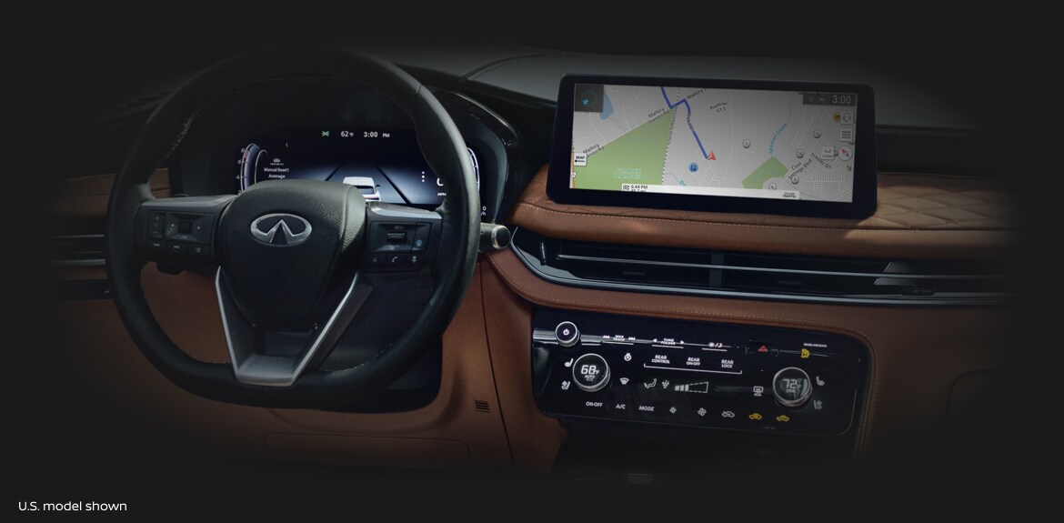 Interior view of 2022 INFINITI QX60 Crossover SUV center console highlighting InTouch technology