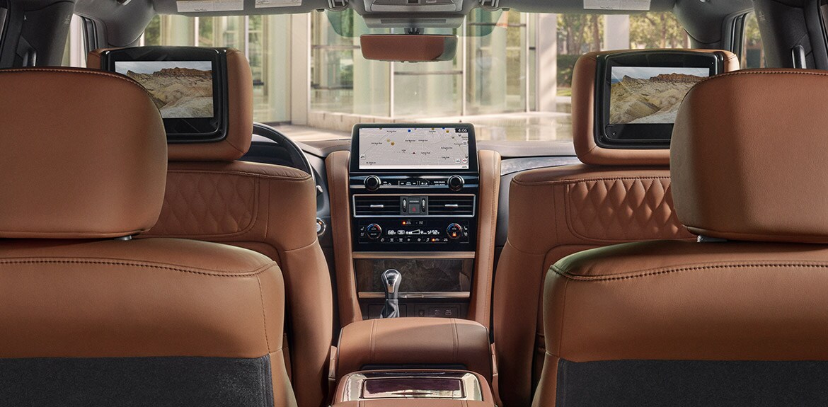 Interior of 2022 INFINITI QX80 highlighting rear seat dual 8 inch entertainment screens