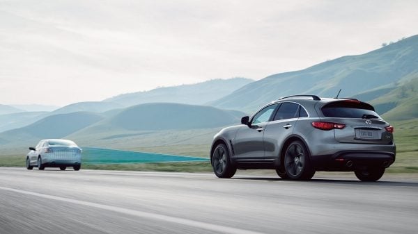 The QX70's Forward Collision Warning system displayed in action