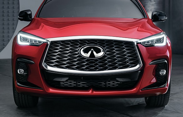 Front profile of a red INFINITI 2022 QX55 Crossover coupe