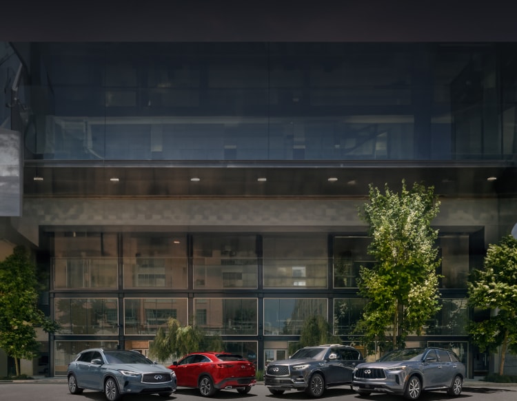 INFINITI luxury SUV model lineup parked highlighting the QX50, QX55, QX60, and QX80 models